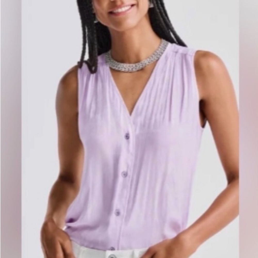 CAbi Lavender Tank Top polyester but looks like satin slightly sheer floral